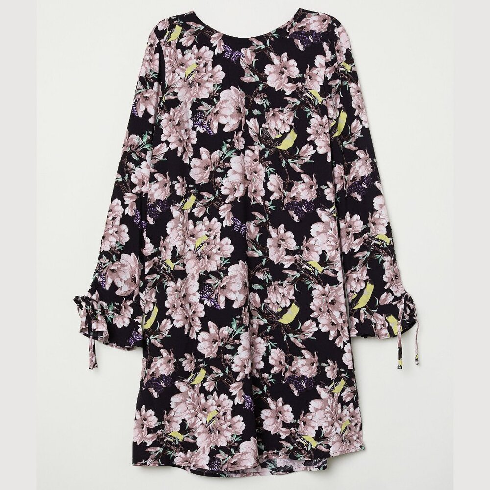 New HM Flounce-sleeved Dress Black/floral, Size 14